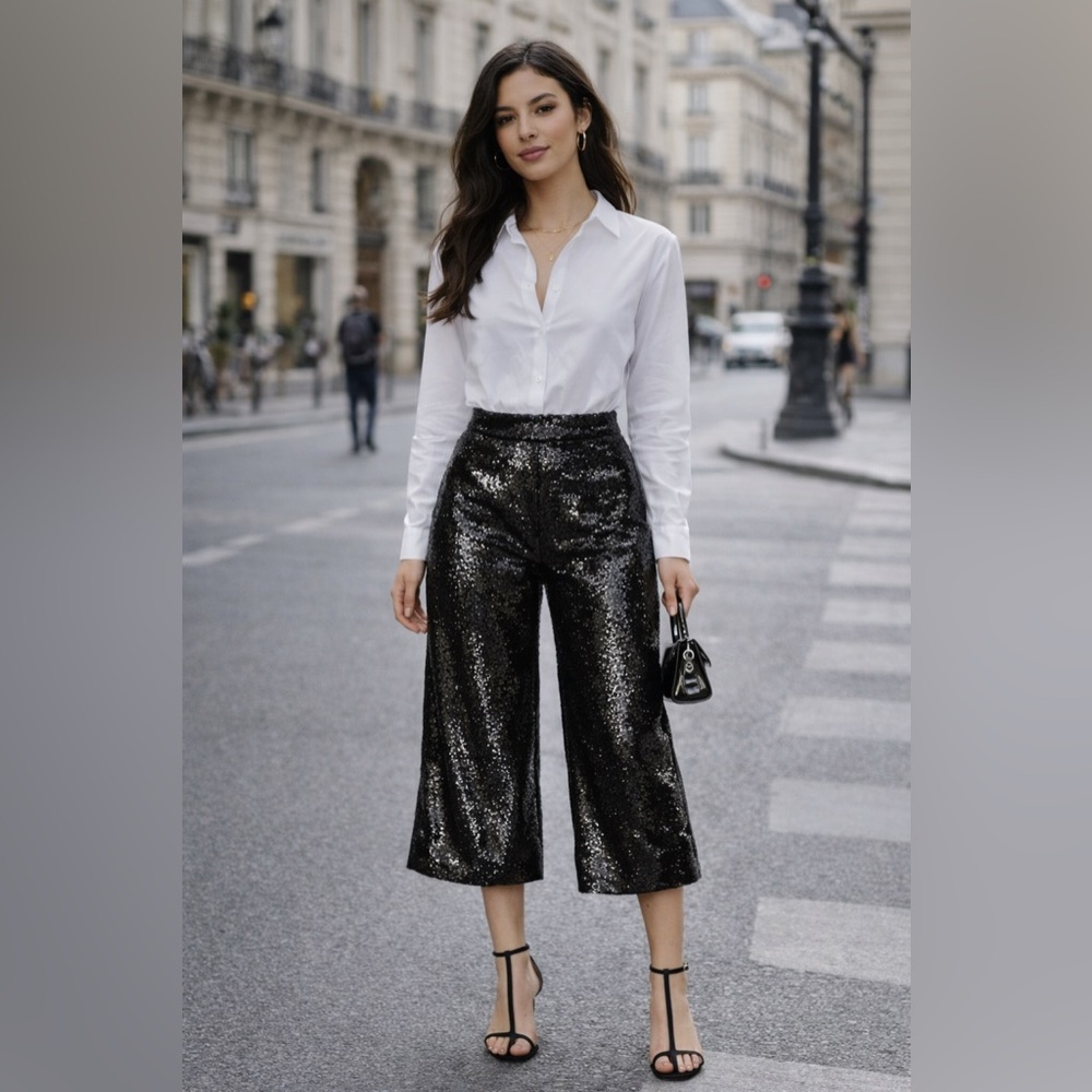 ✨ NWT MAJE Black Noir Party Sequin Wide-Leg Cropped Culottes ✨